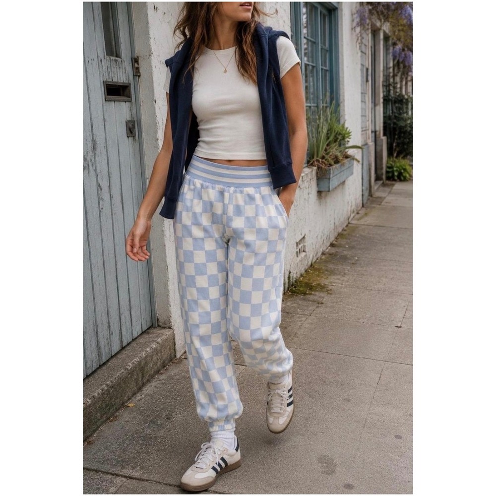 Marine Layer pale blue and cream checkerboard fleece jogger pants Women's size M